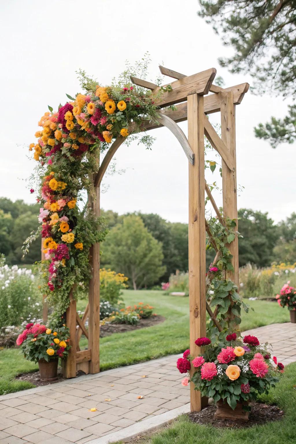 Season blooms bring energetic vibes to your wedding arch.