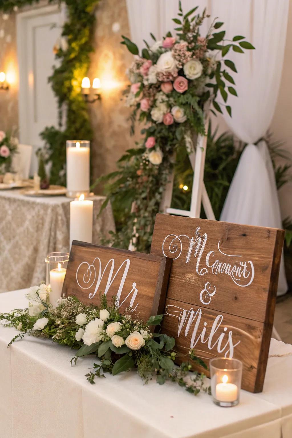 Personalized wooden boards provide a distinctive touch to any wedding setting.