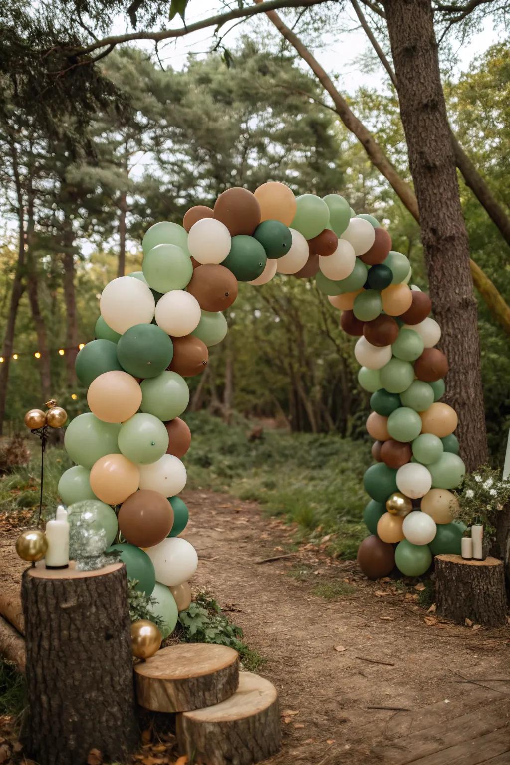 Balloon arches in earthy colors craft an enchanting woodland atmosphere.