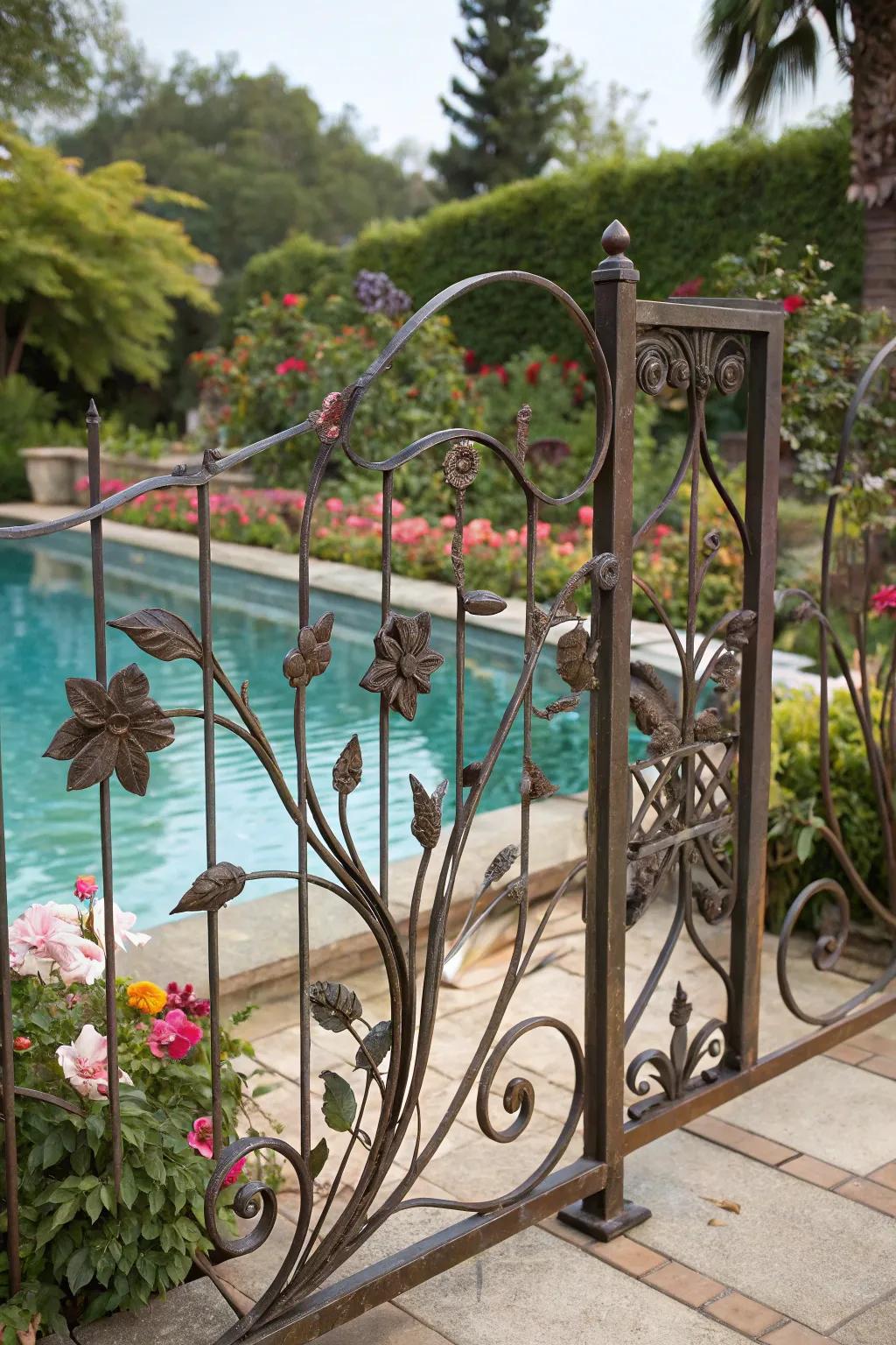 Imaginative wrought iron patterns bring a personal touch to this pool area.