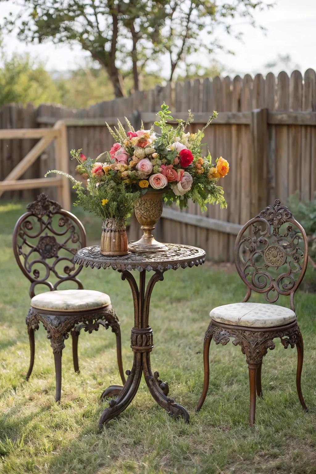 Classic wrought iron pieces impart nostalgic charm to outdoor social events.