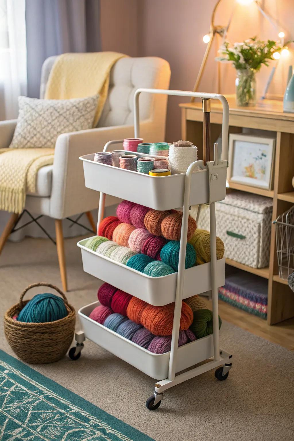 A moving trolley provides mobile yarn storage for adaptable crafting.