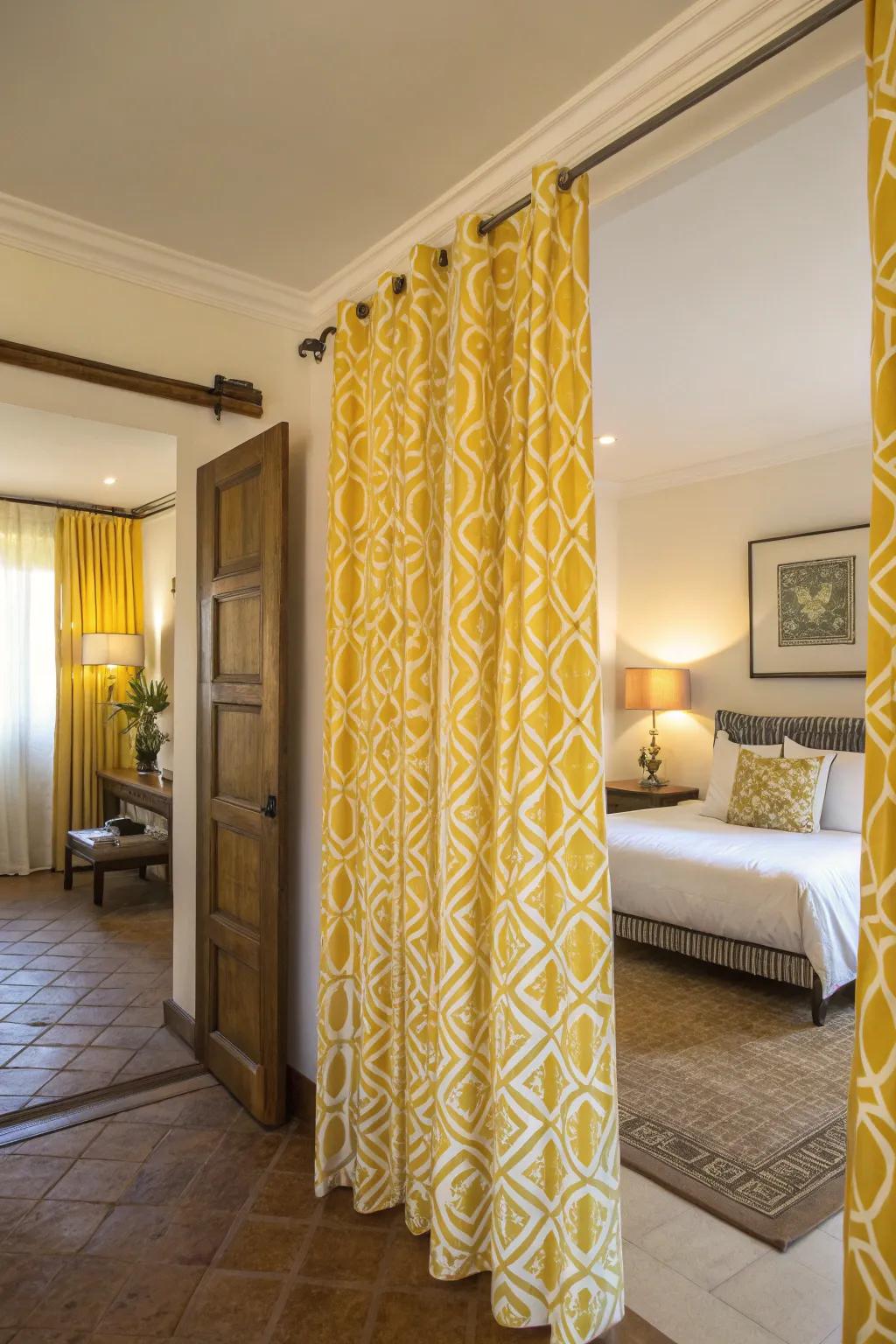 Patterned yellow window coverings enrich the bedroom’s personality and textural feel.