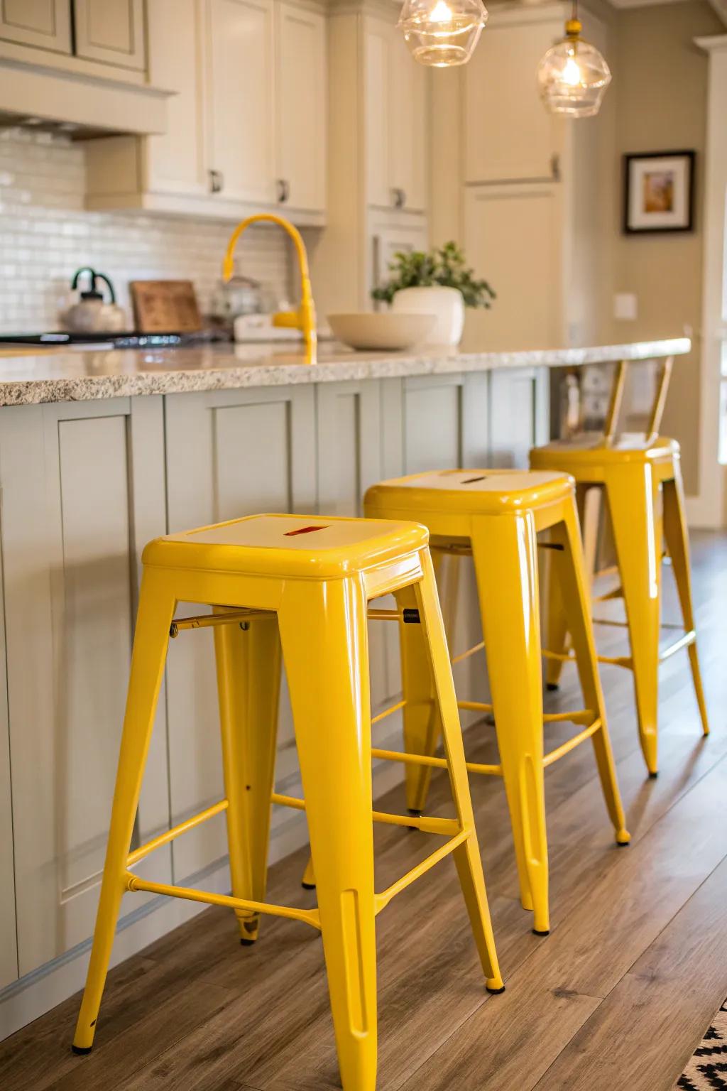 Yellow bar stools offer a cheerful contrast in a primarily neutral kitchen.