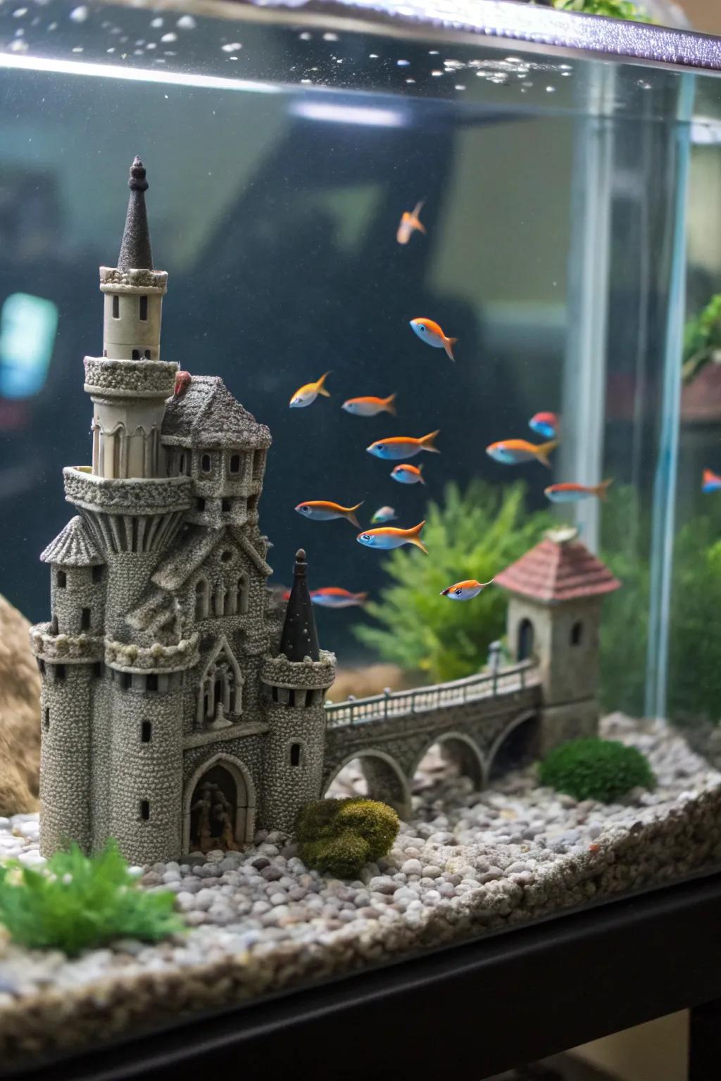 Design a themed aquarium using unique decoration pieces.