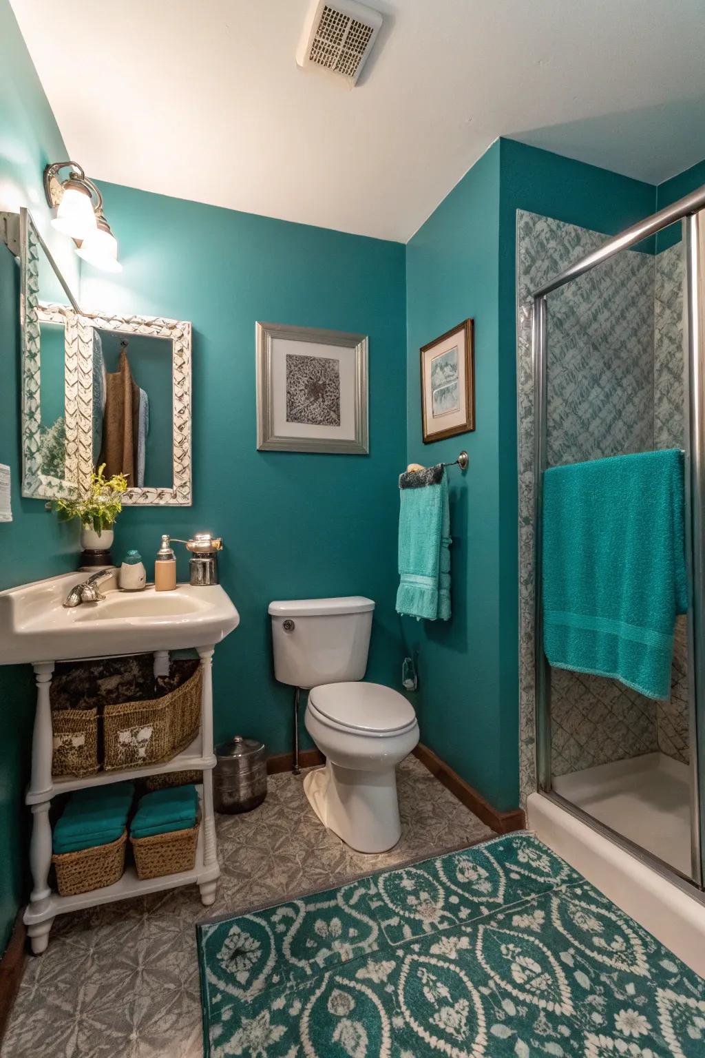 Deep teal walls fashion a striking appearance in this powder room.