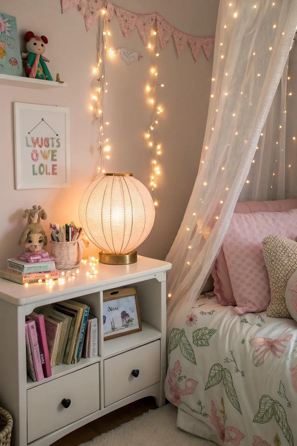 Fairy lights add a magical touch to the bedroom ambiance.