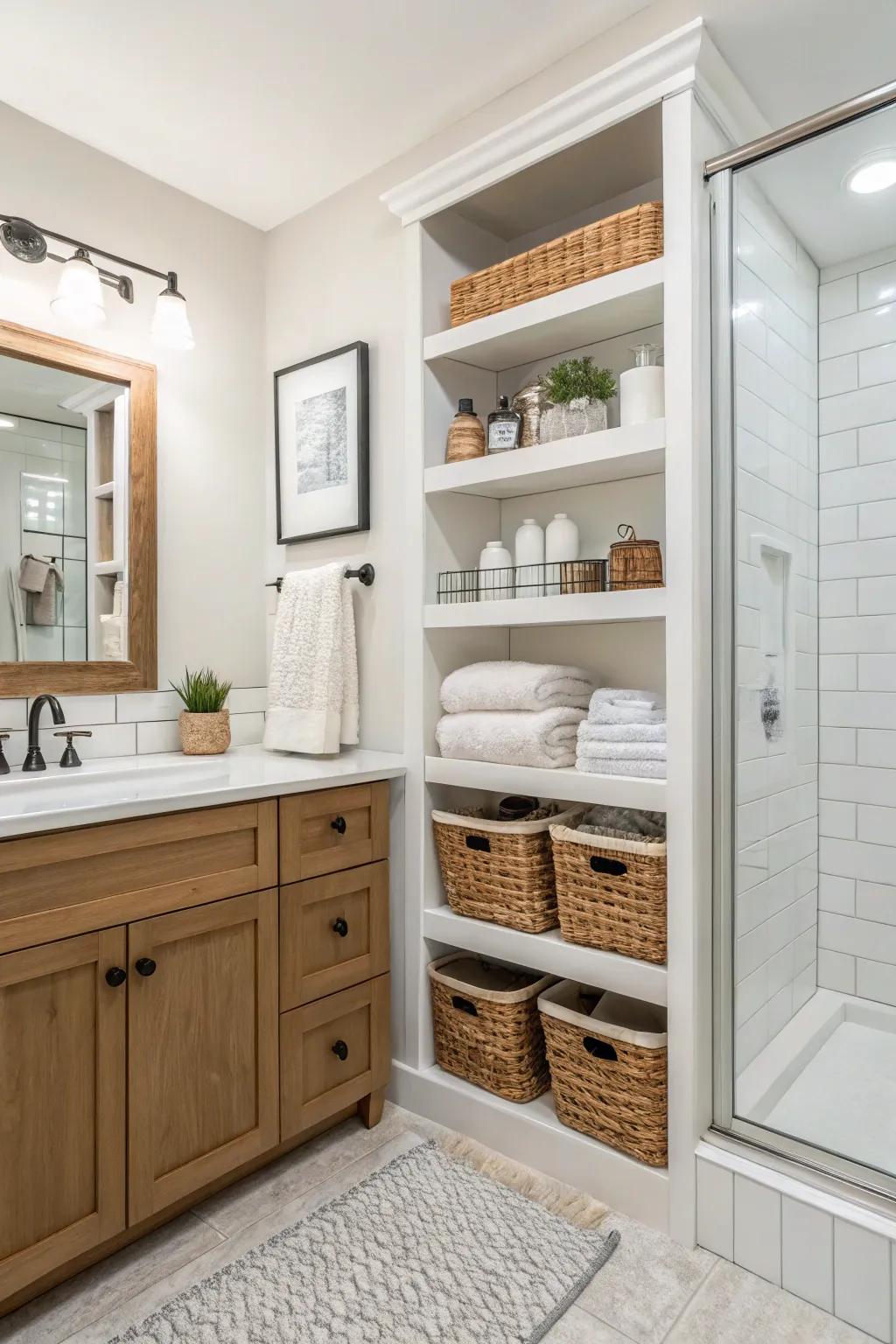 Smart storage solutions featuring mounted cabinets and shelving.