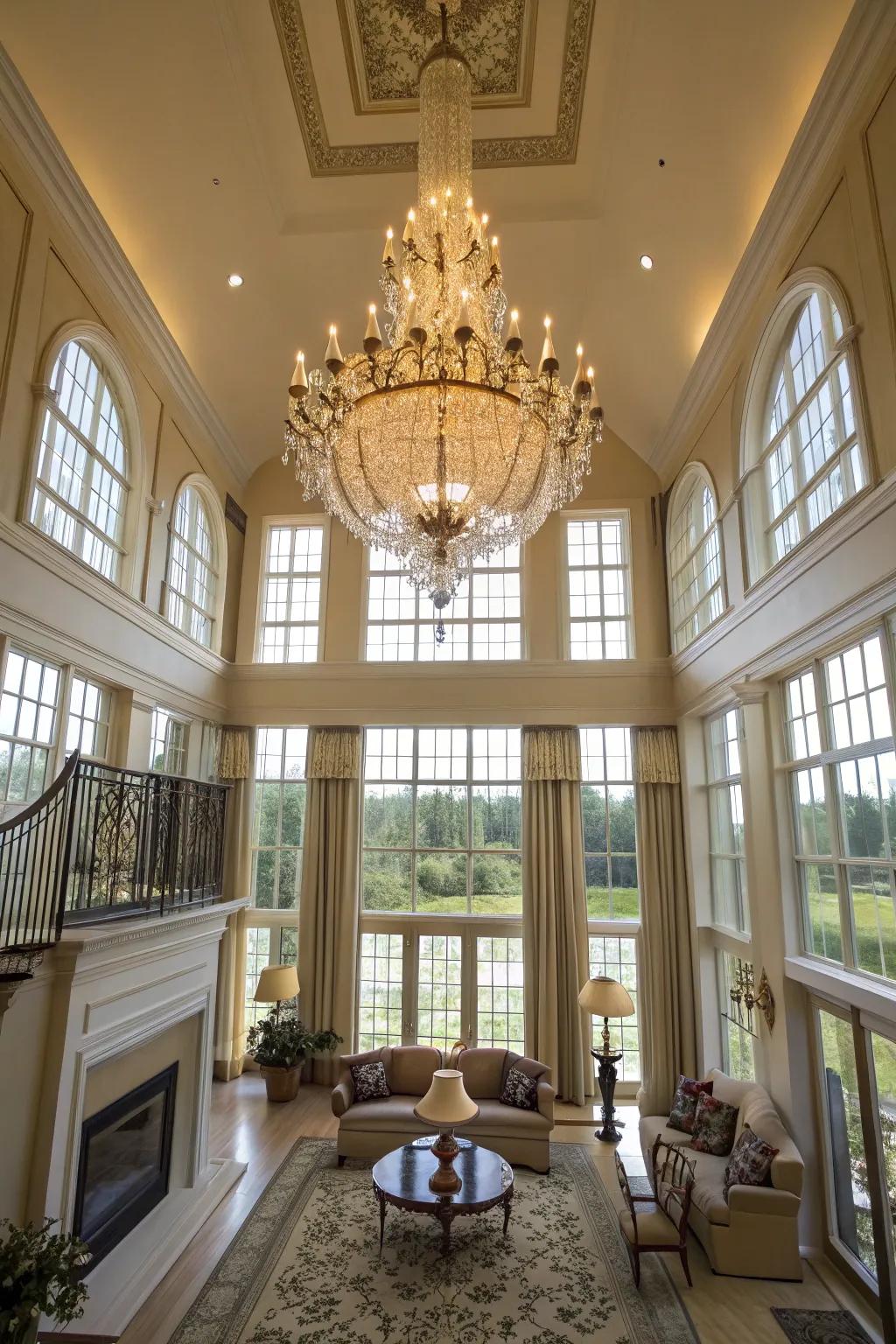 A grand chandelier adds drama and sophistication to the great room.