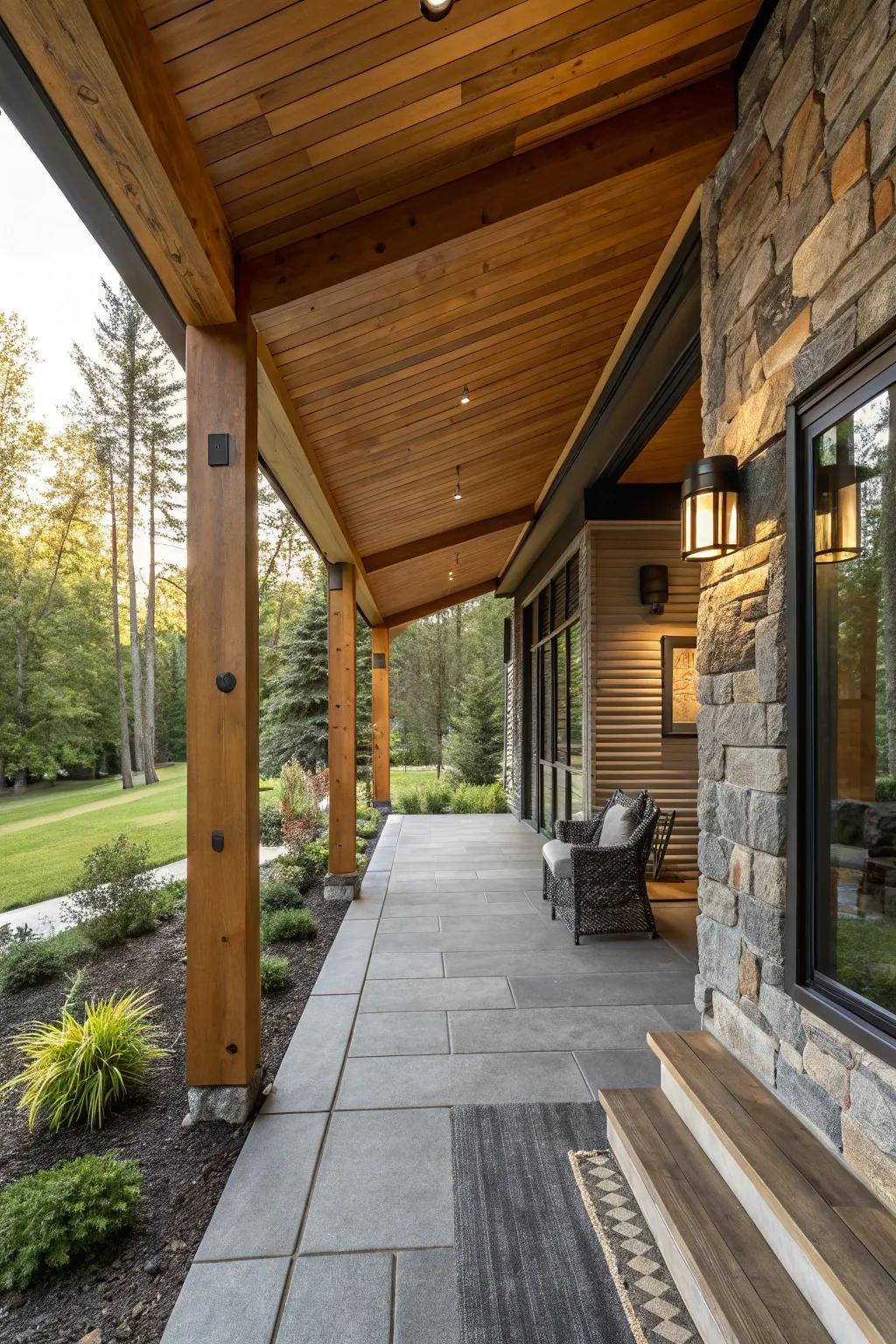 Natural details bring warmth to a modern porch.