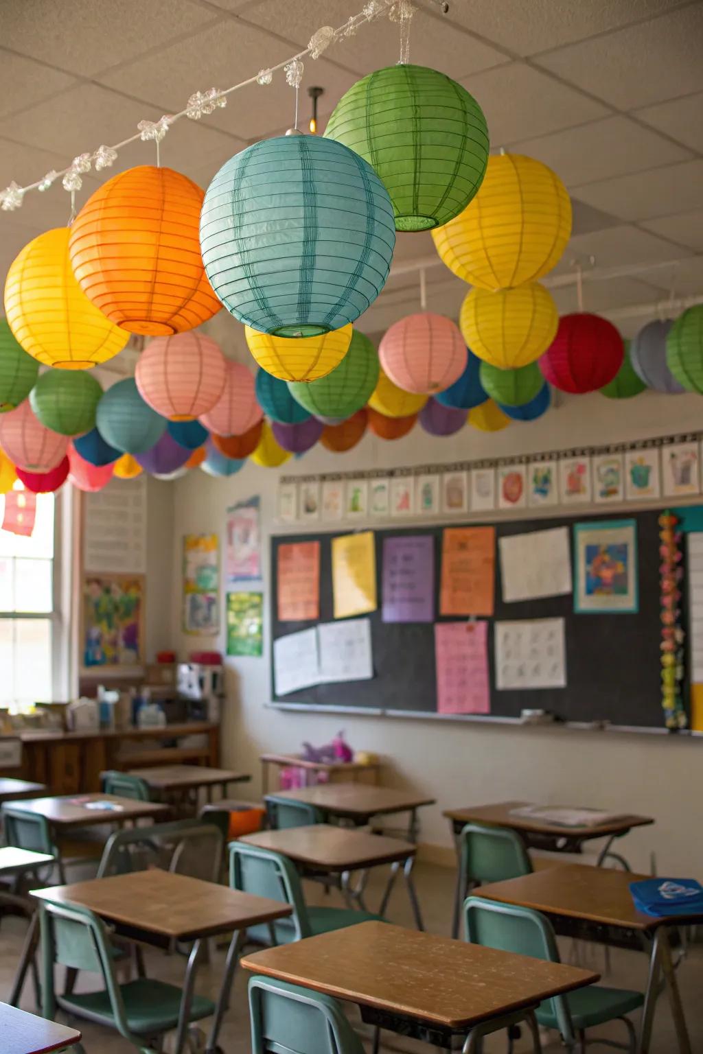 Whimsical lanterns adding magic to a classroom setting