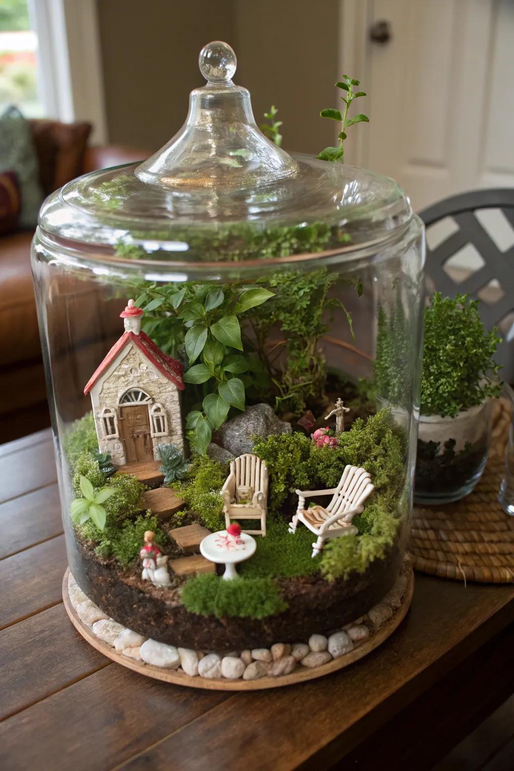 A whimsical enchanted garden nature display with charming details.