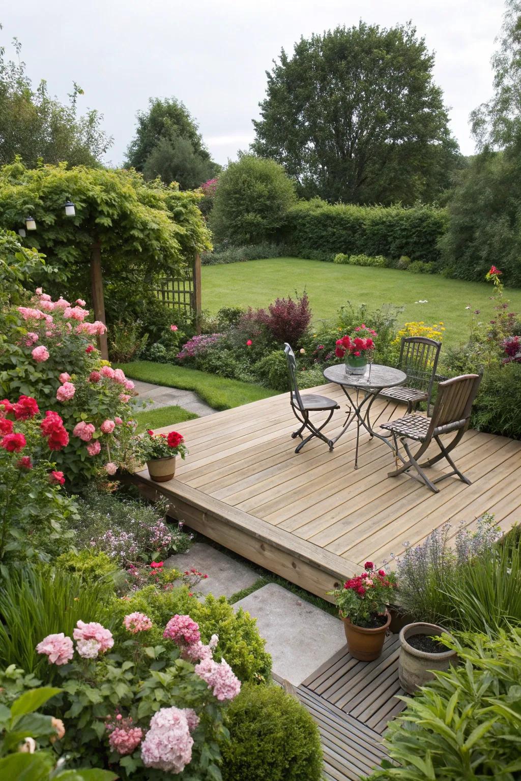 A deck wonderfully assimilated into a lush garden.