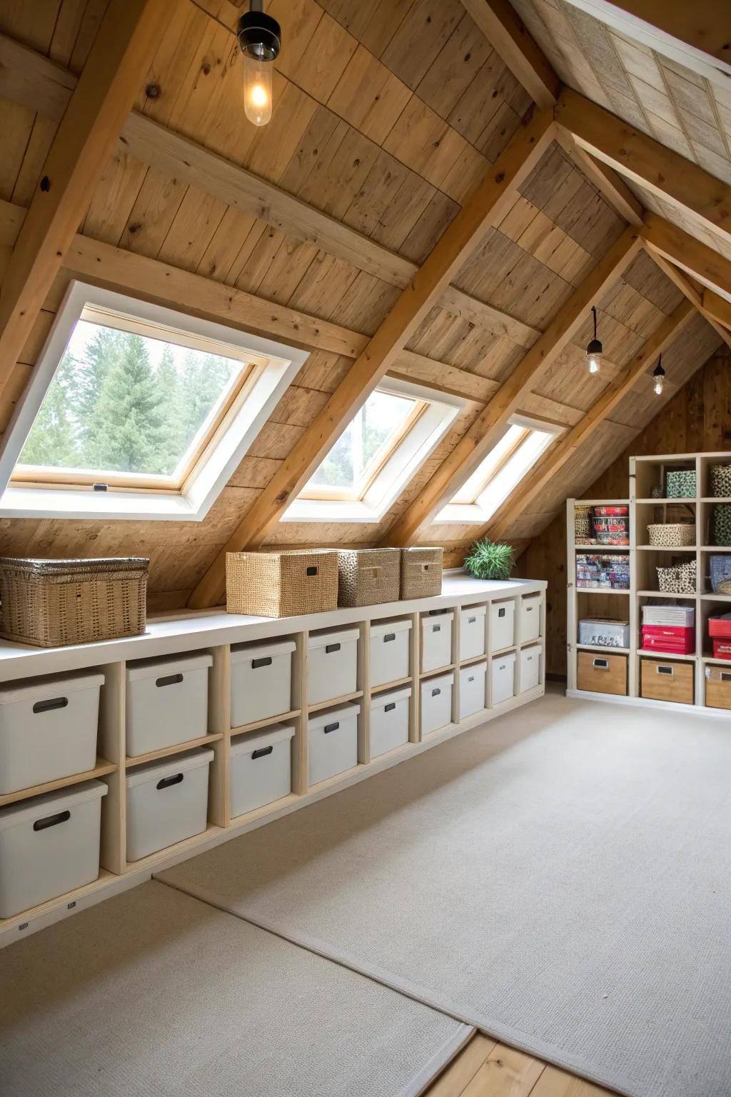 Employ integrated shelving to optimize area within your A-frame attic.