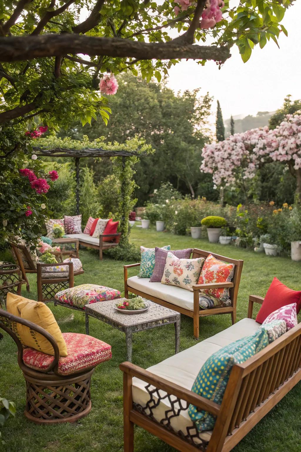Comfortable seating with colorful cushions creates a relaxed garden atmosphere.