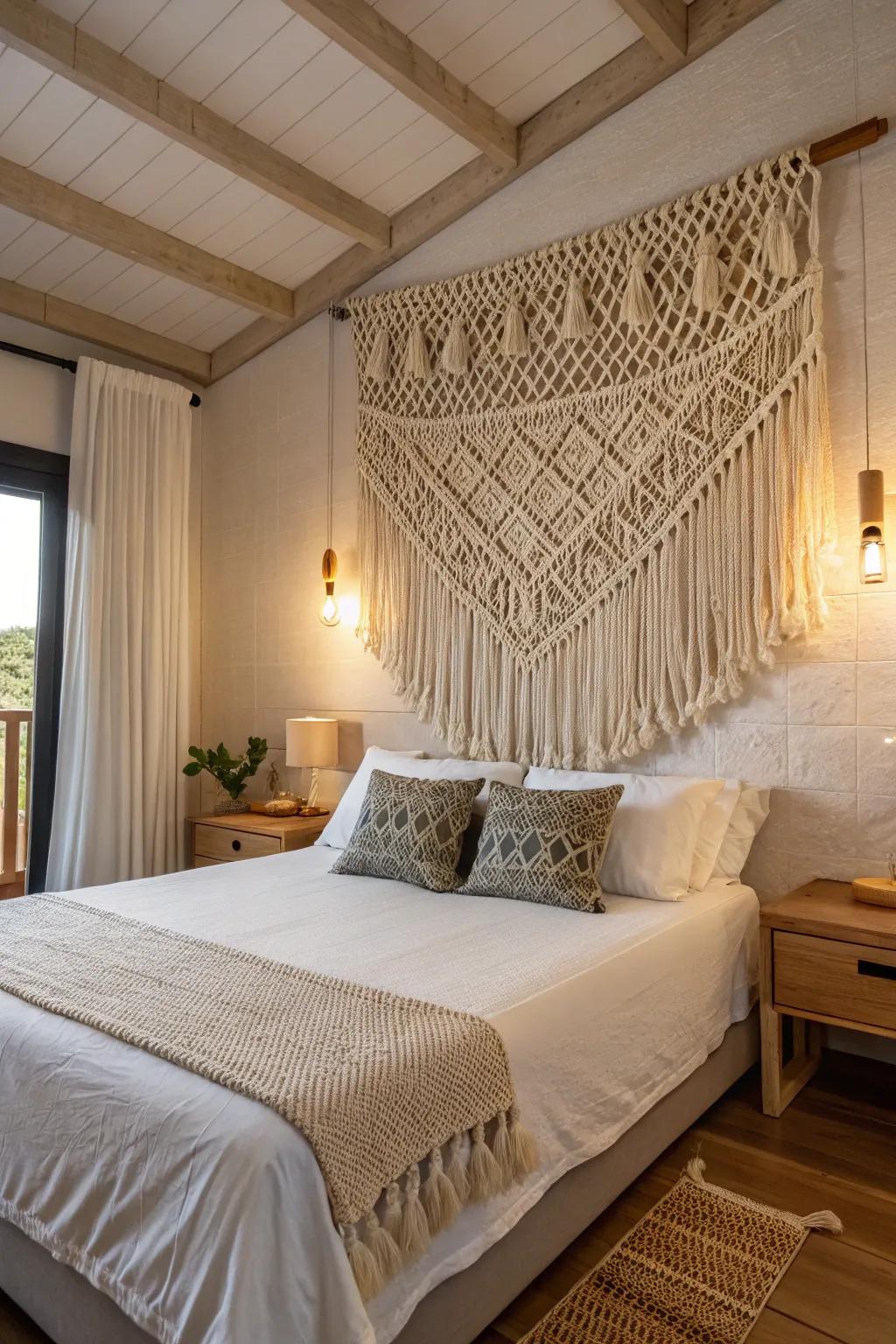 A macramé piece brings a touch of boho chic to the bedroom.