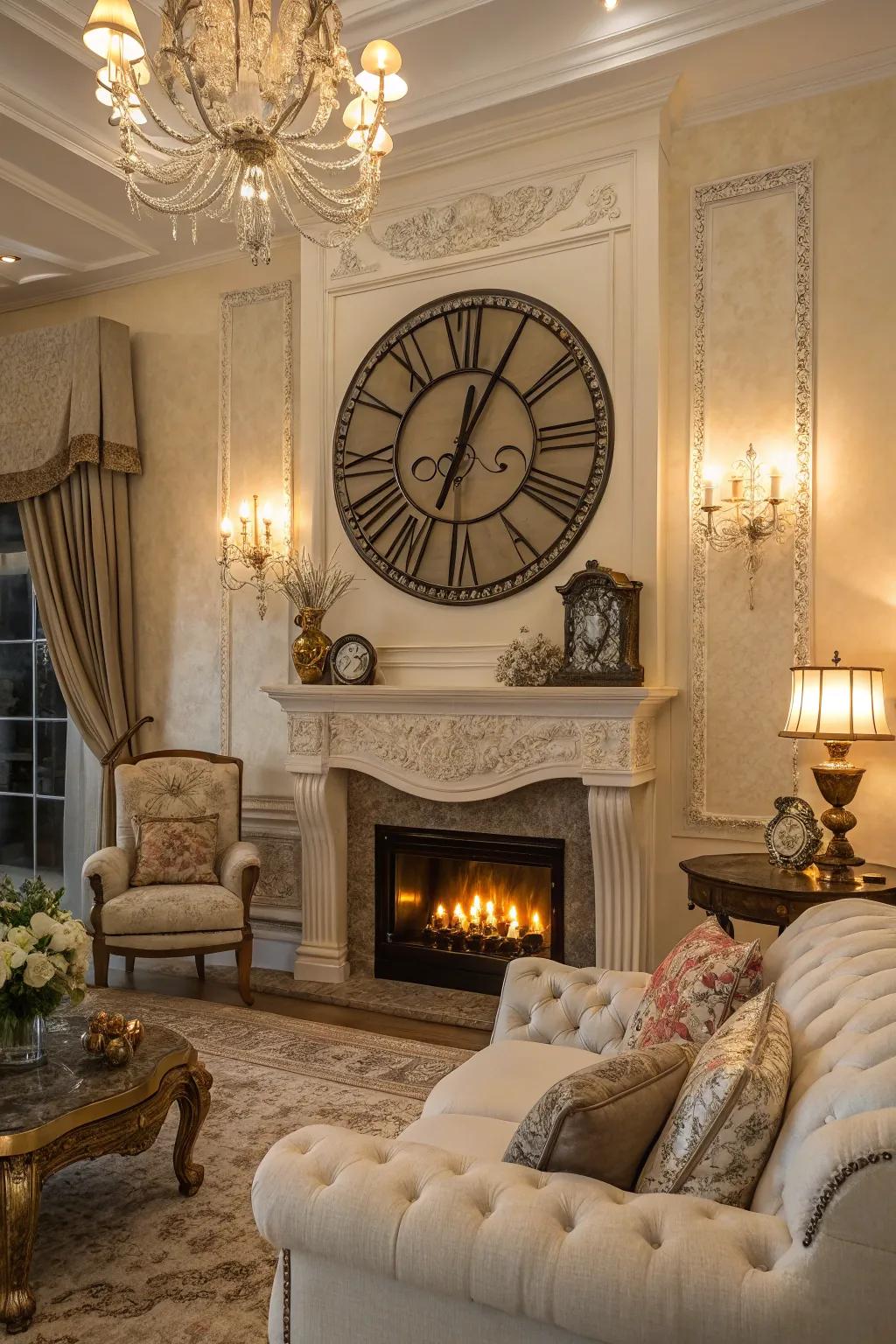 A large wall clock functions as both an art piece and a practical item above the fireplace.