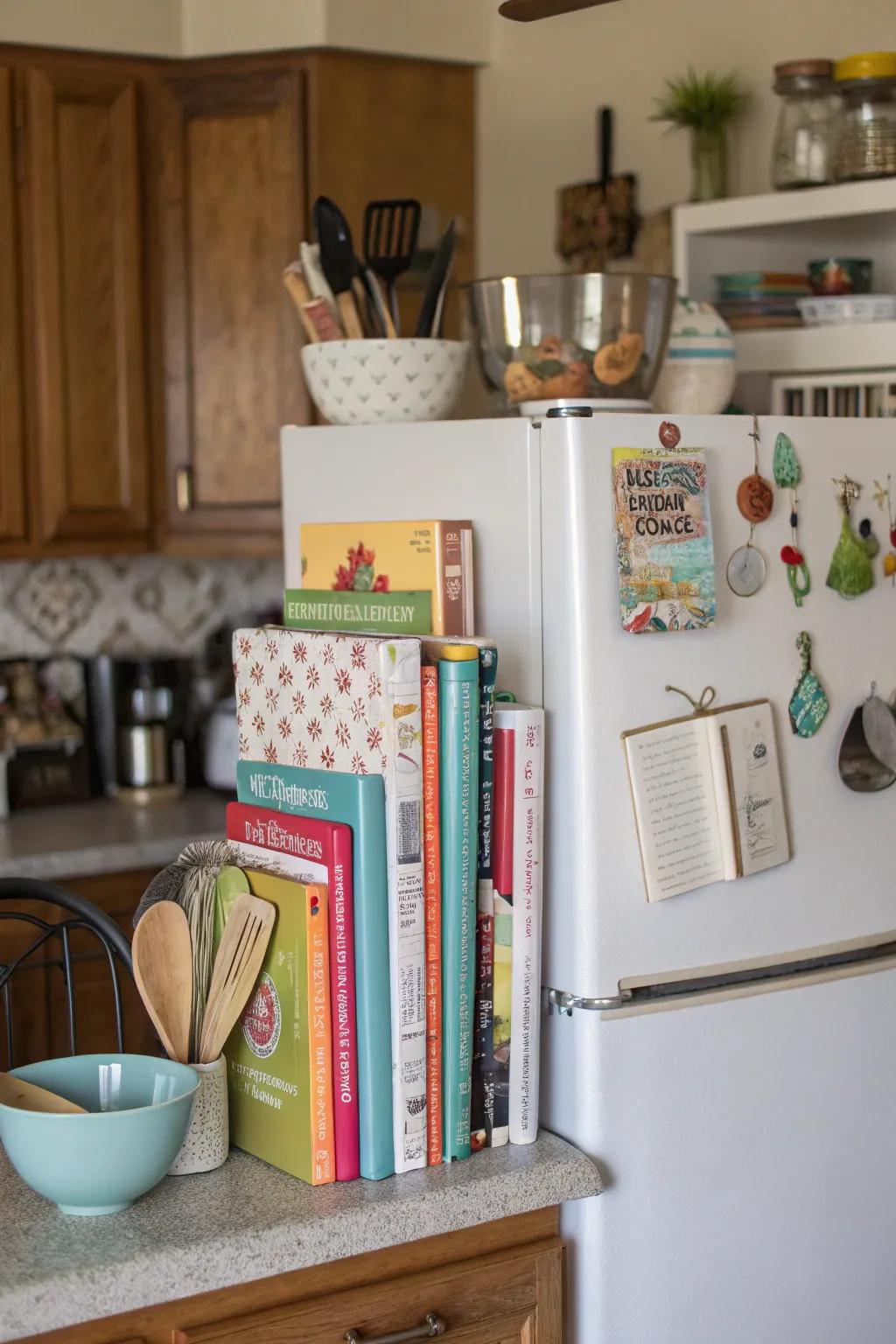 Merge style and function by displaying cookbooks and utensils.