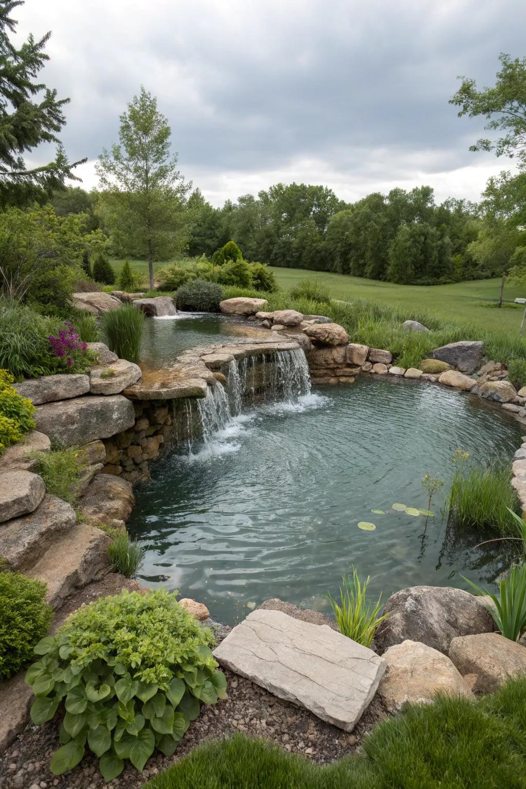 An engaging staggered cascade design enhances the depth of this above-ground pond.