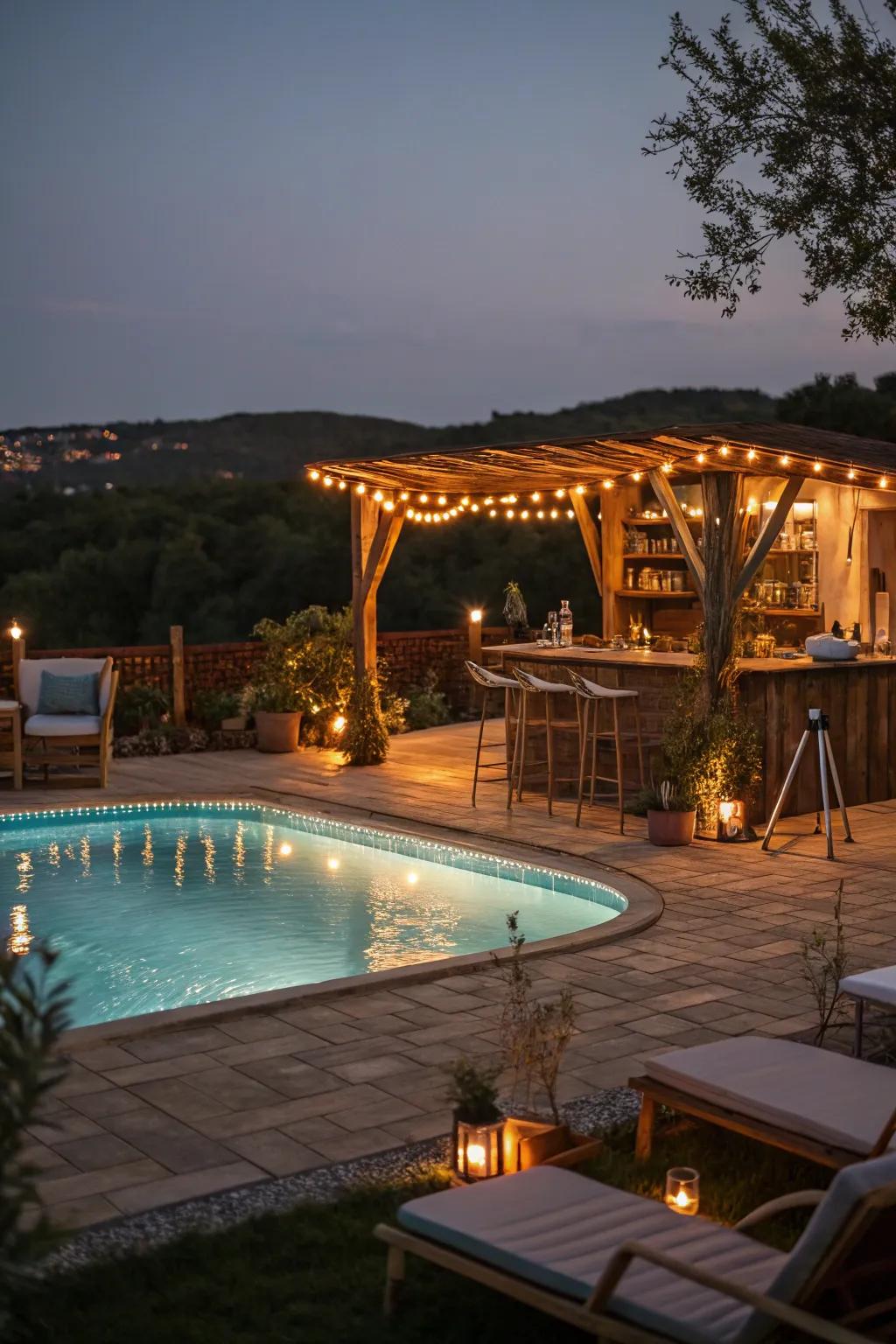 String lights contribute a magical element to your nighttime poolside moments.