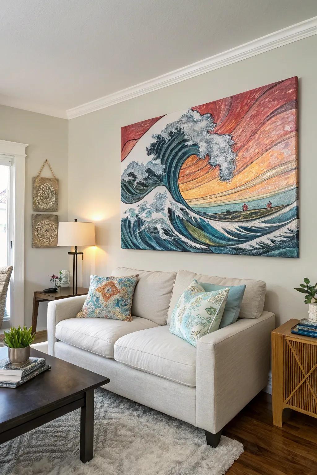 Ribbon motifs generate movement and serenity within this living room.