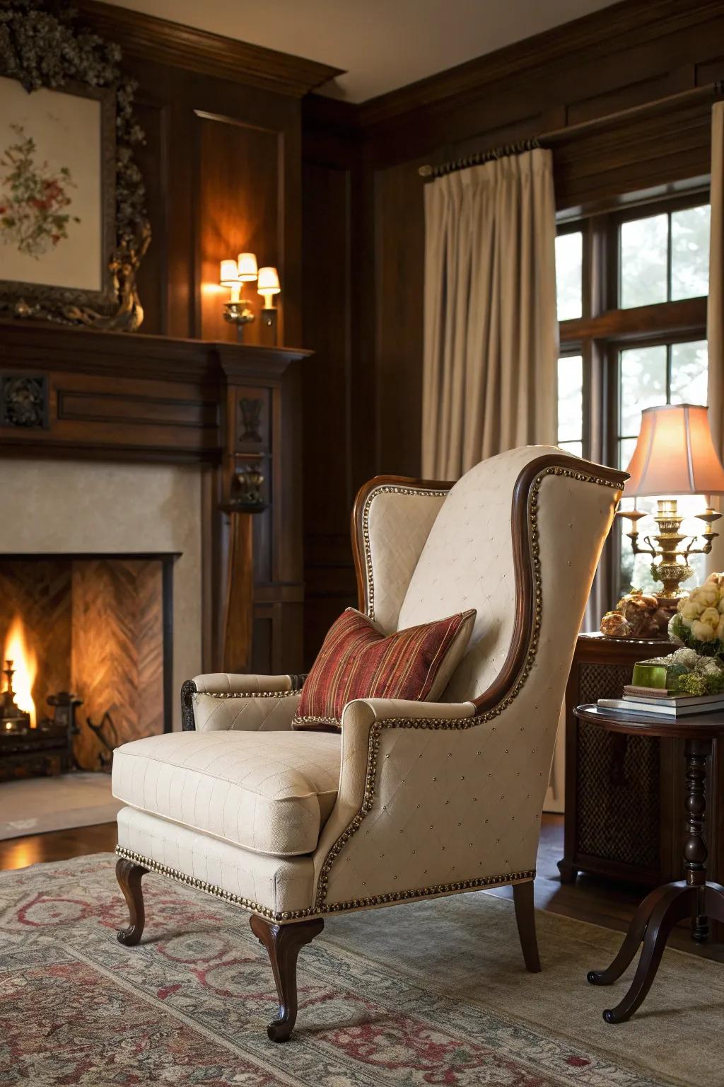 A high-back chair by the fireplace emanates timeless class.