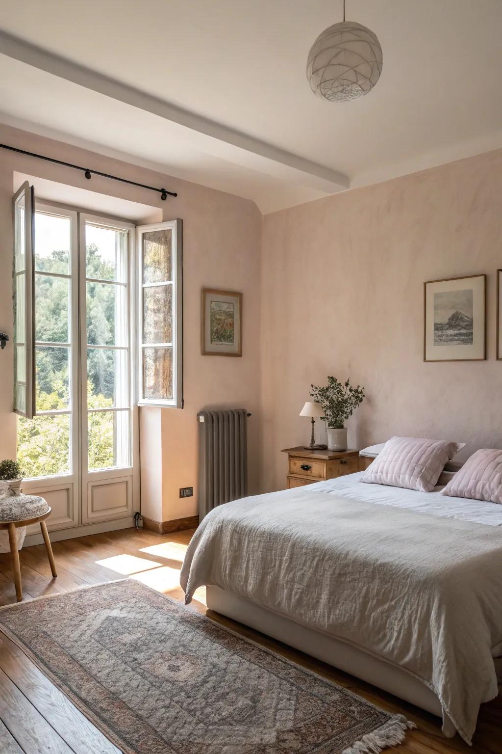 A tranquil bedroom featuring a peaceful pastel feature wall.