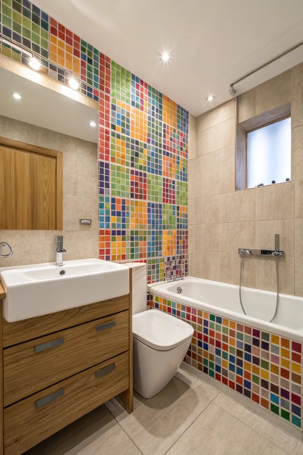 Mosaic pattern tiles transform an accent element into a remarkable work of art.
