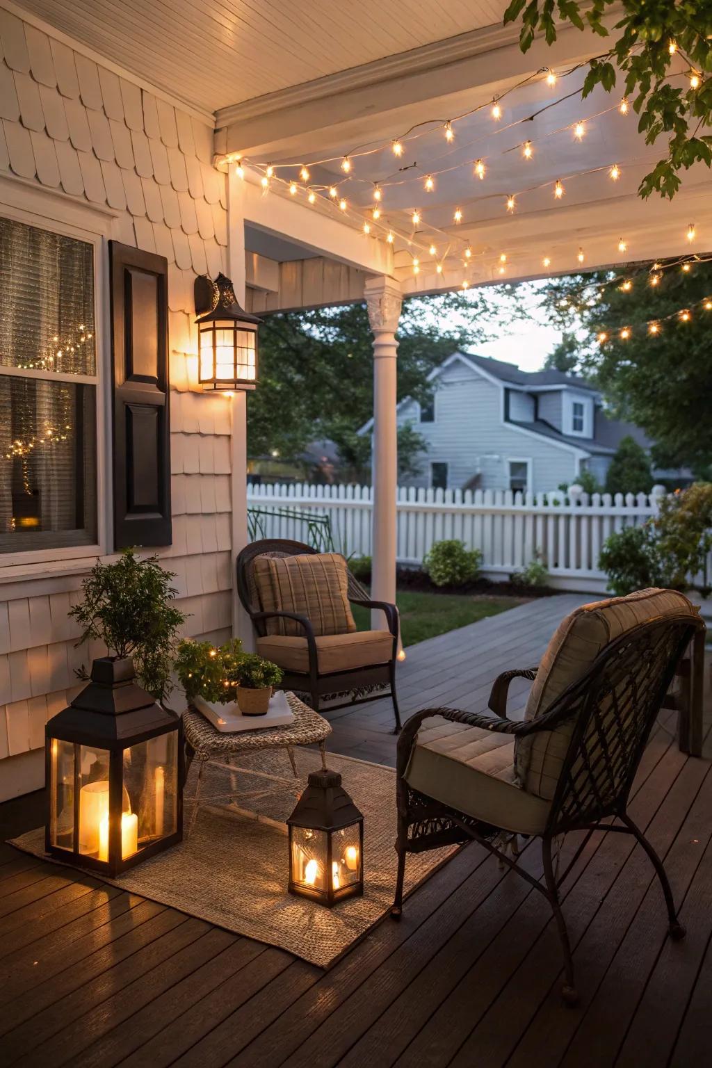 A warm and welcoming porch featuring enchanting lighting.