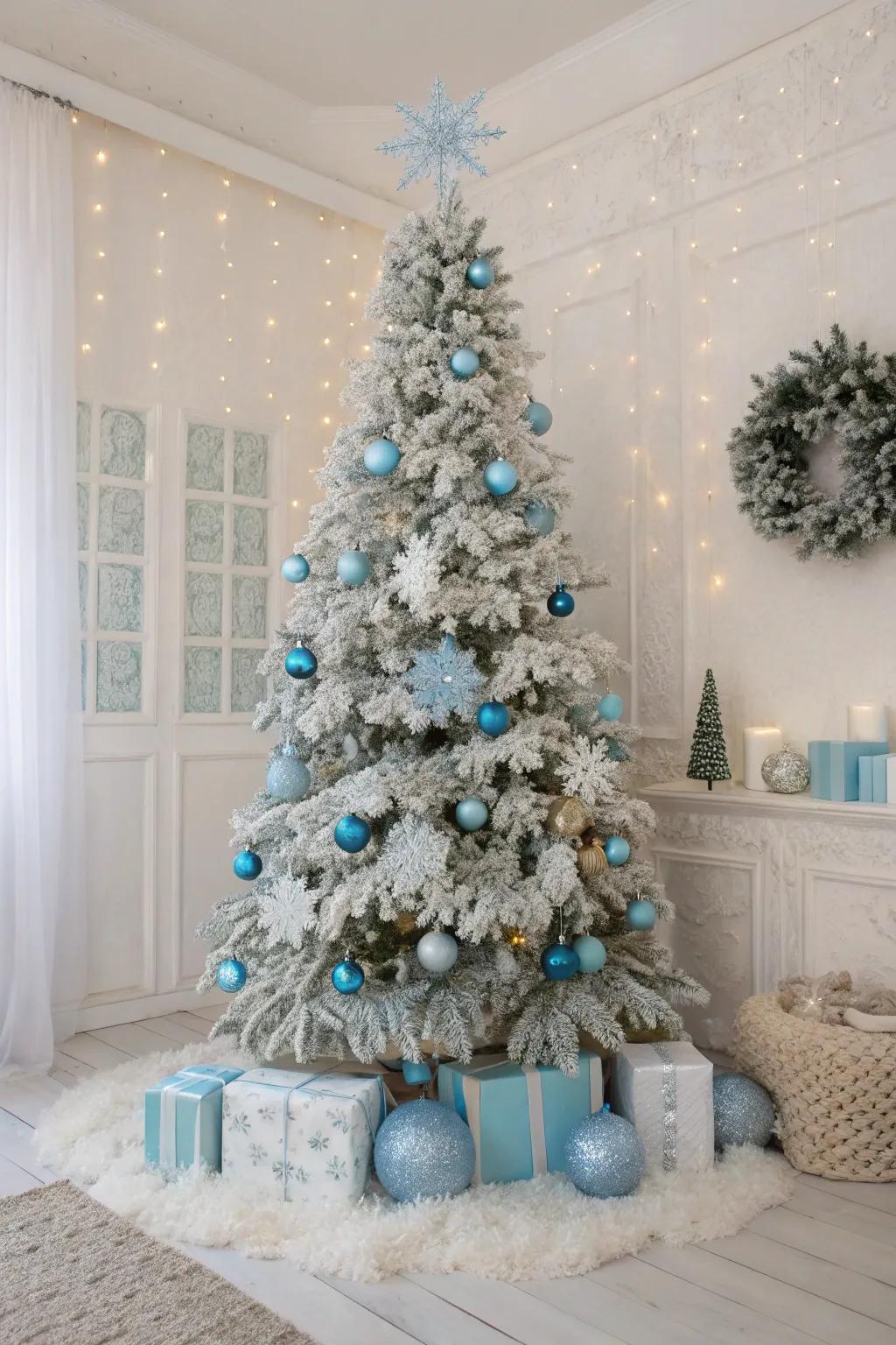 A frosty fairyland-themed Christmas tree featuring a bewitching snow-covered appearance.