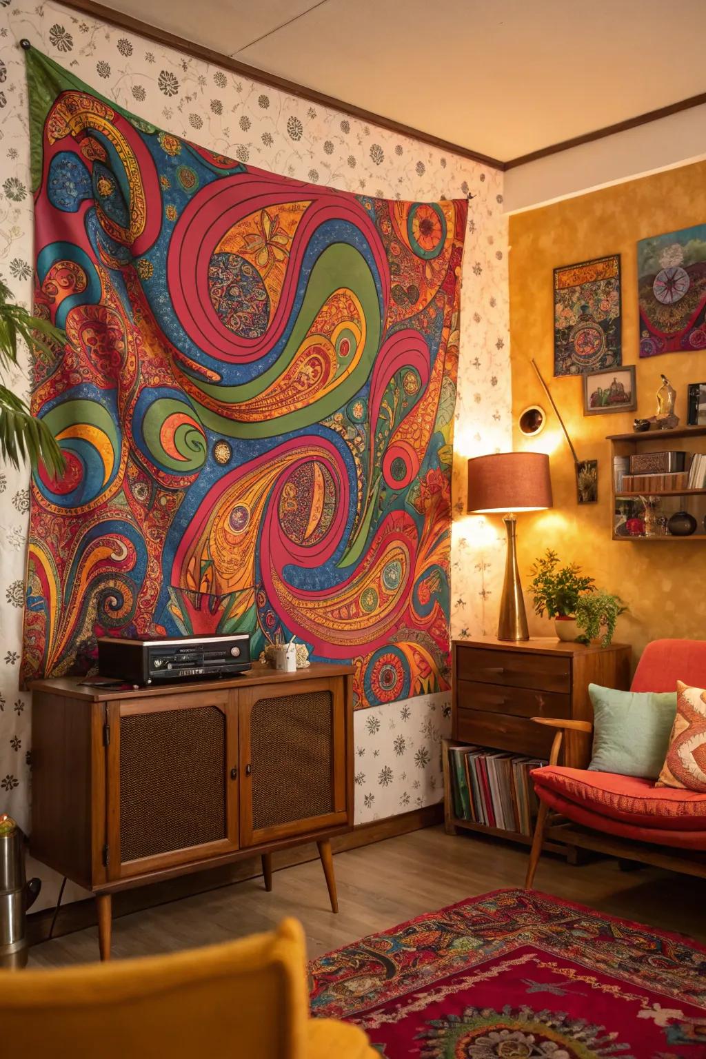 Psychedelic wall hangings are perfect for vibrant retro vibes.