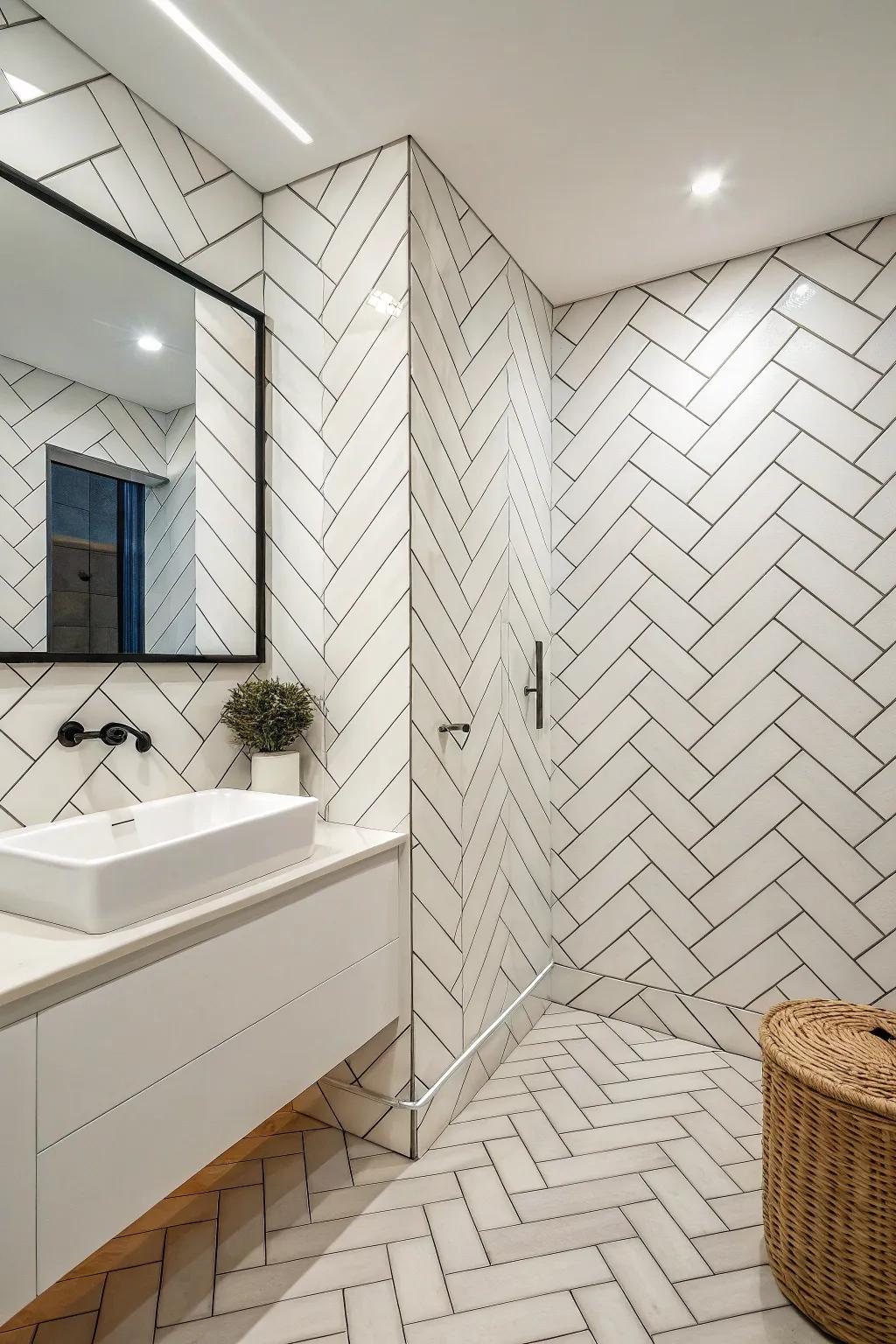 Brick-style tiles in inventive designs offer a timeless yet contemporary charm.