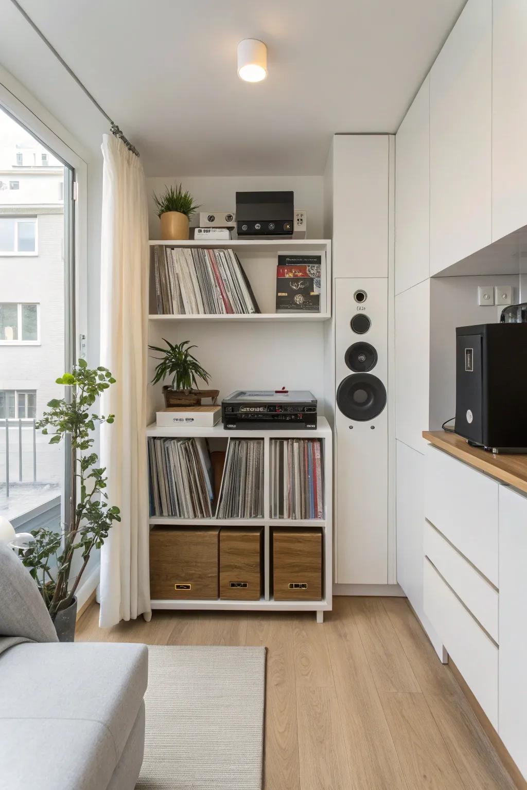 A space-saving vinyl storage unit designed for small living areas.