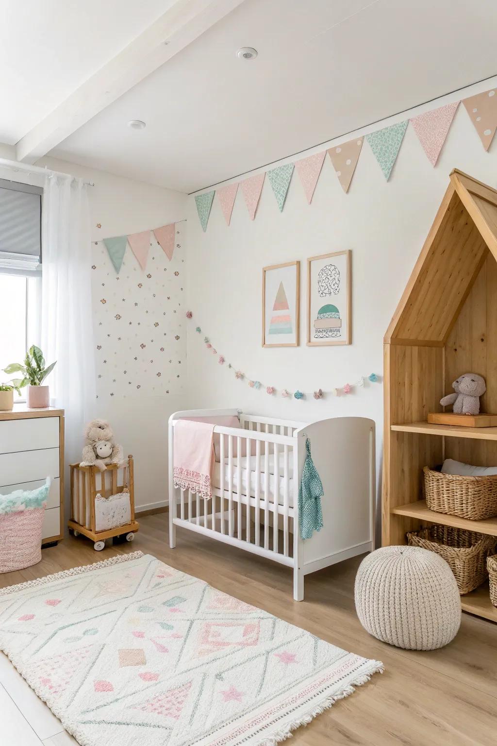 Gentle accents introduce subtle contrast in a white nursery.