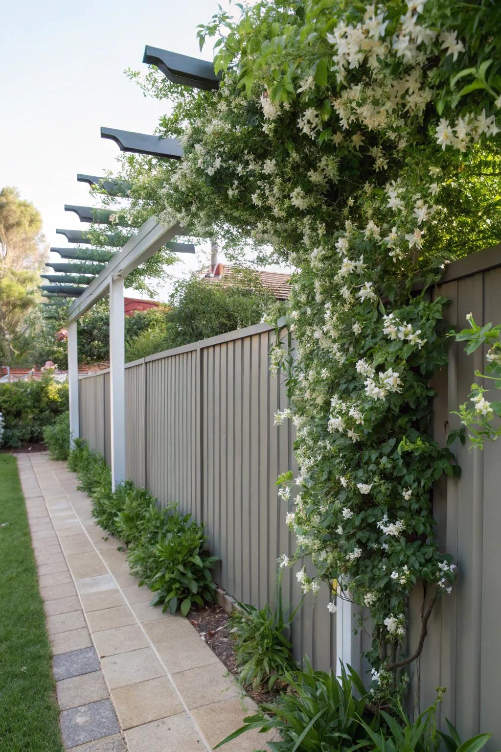 Pergolas add elegance to sleek metal fencing.