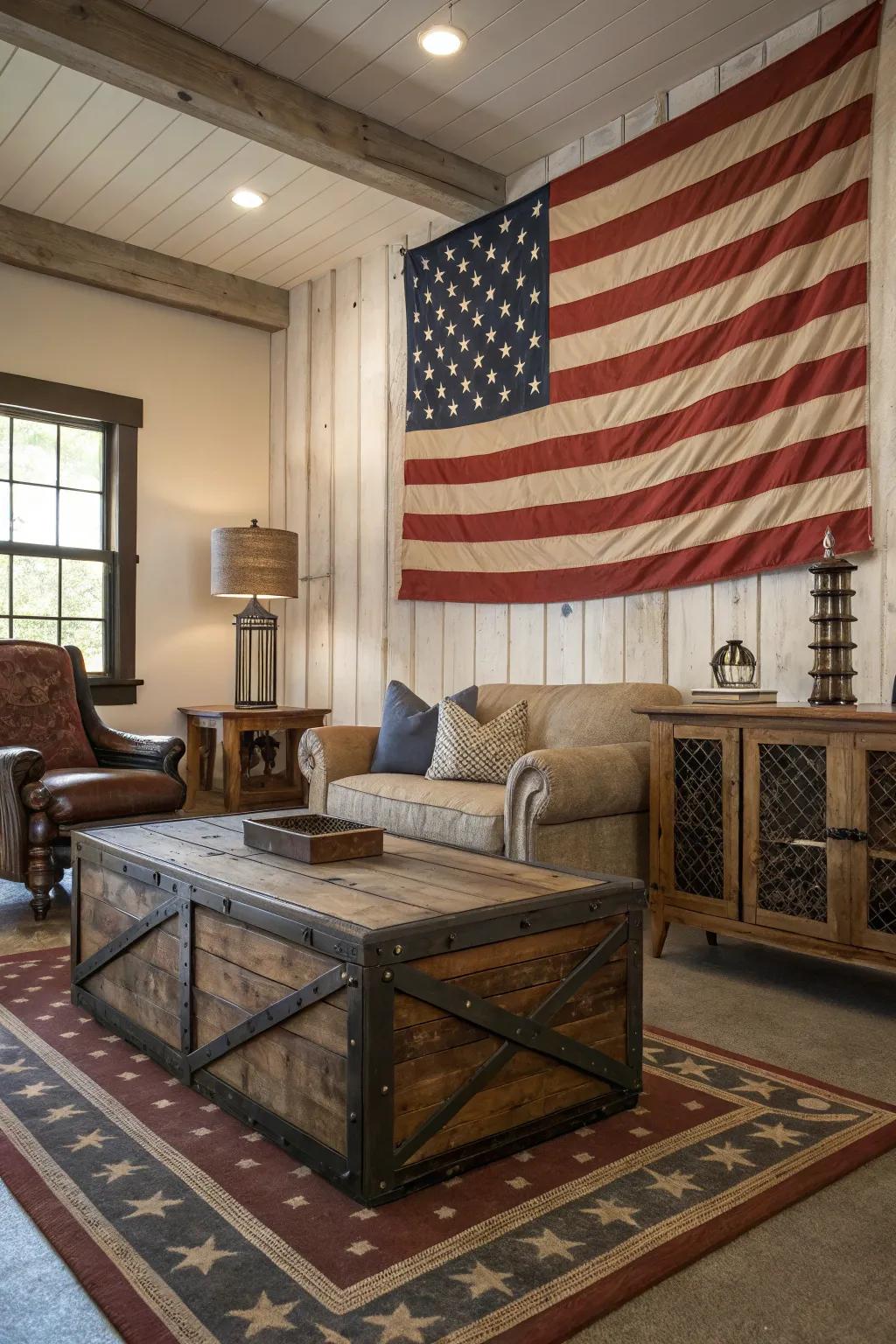 Rustic allure embraces patriotism having a vintage flag centerpiece.