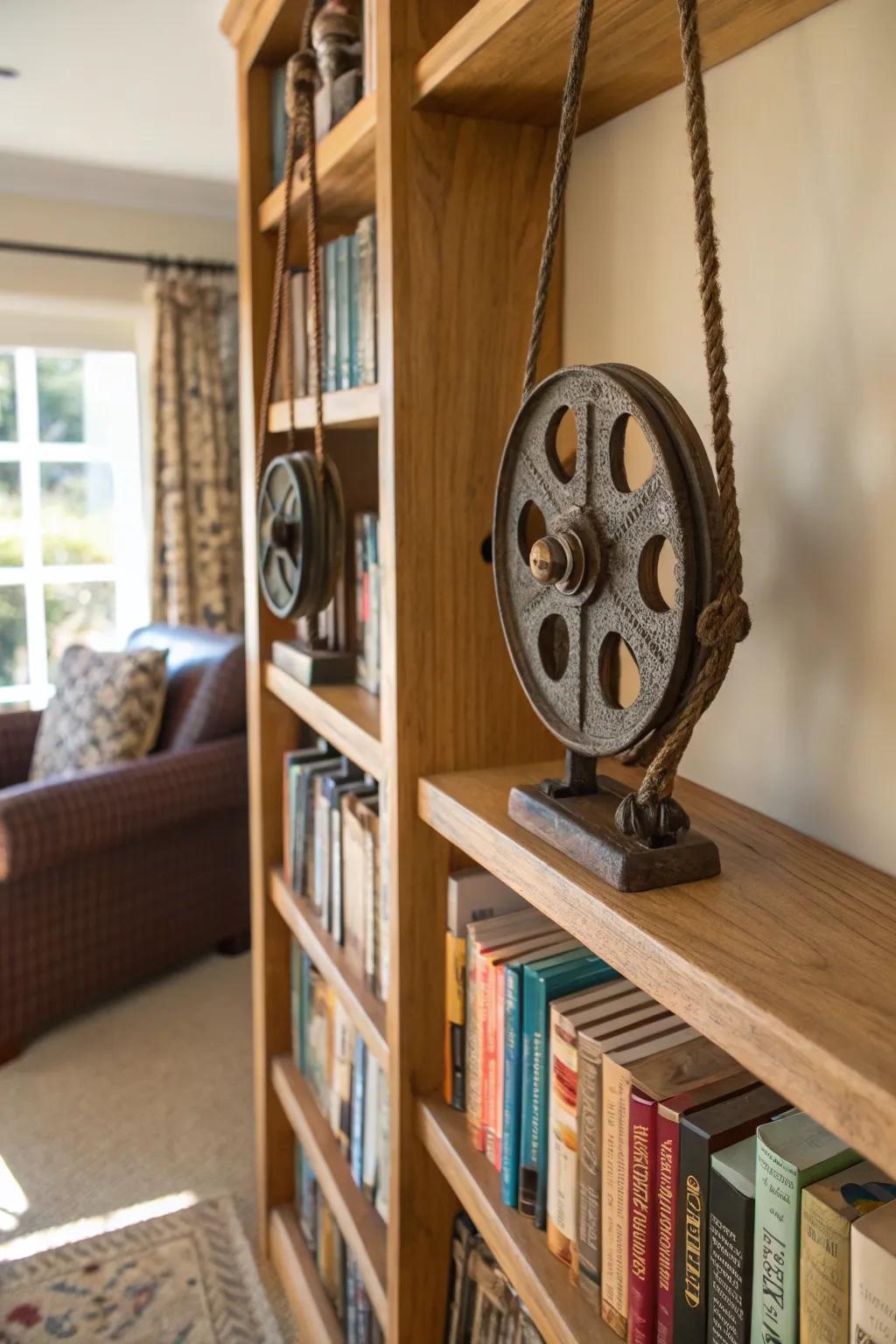 Pulleys converted into chic book dividers for a vintage impression.