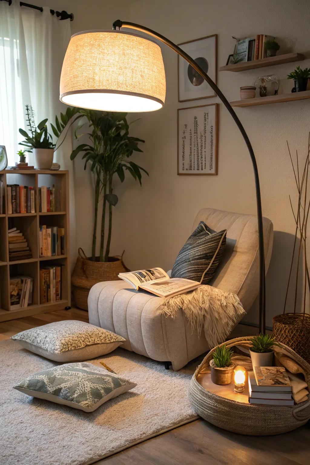 A cozy spot for reading emphasized by a large, arched standing lamp.