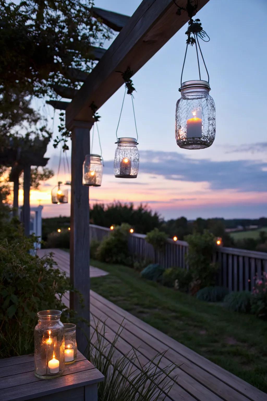 Homemade lanterns create a warm, inviting atmosphere.