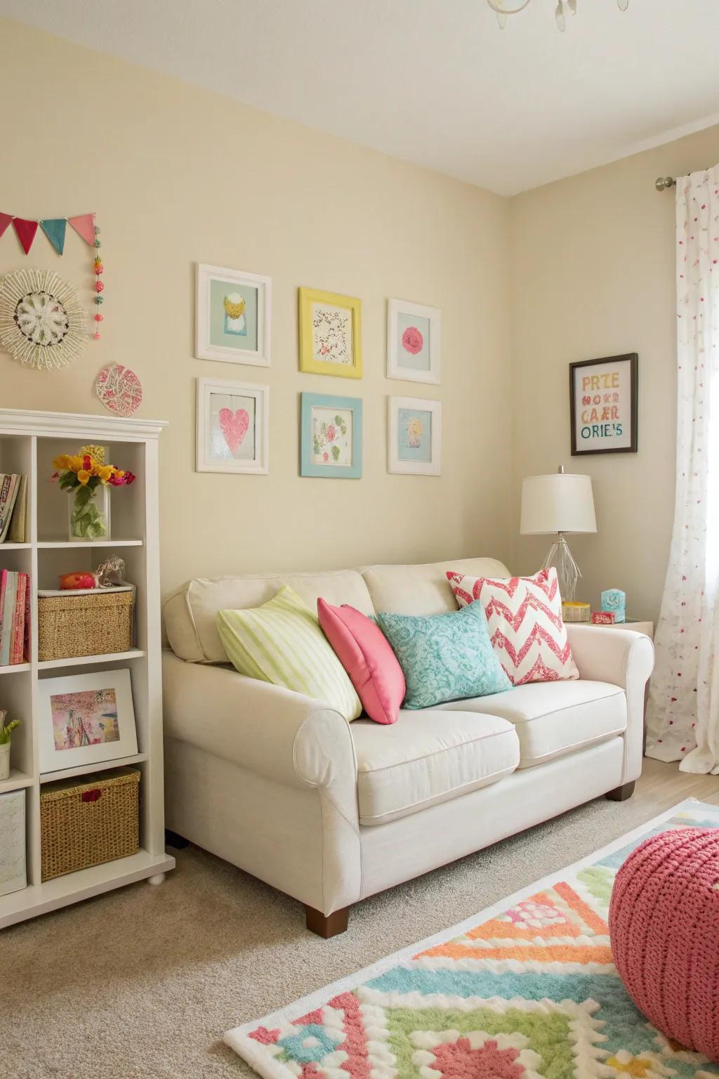 Soft tones and bright accents help this small living room feel open and airy.