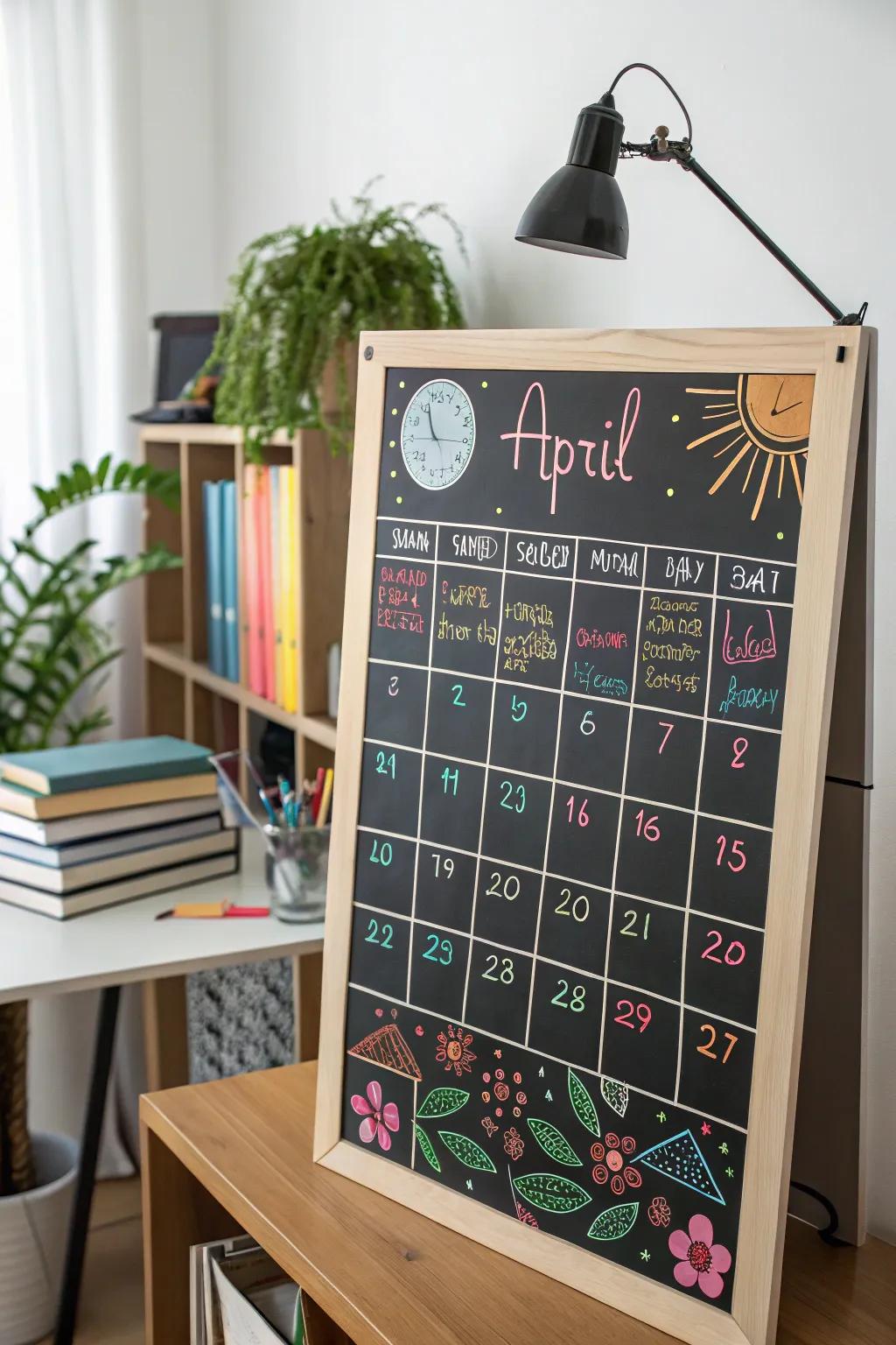 Keep organized with an April calendar chalkboard.