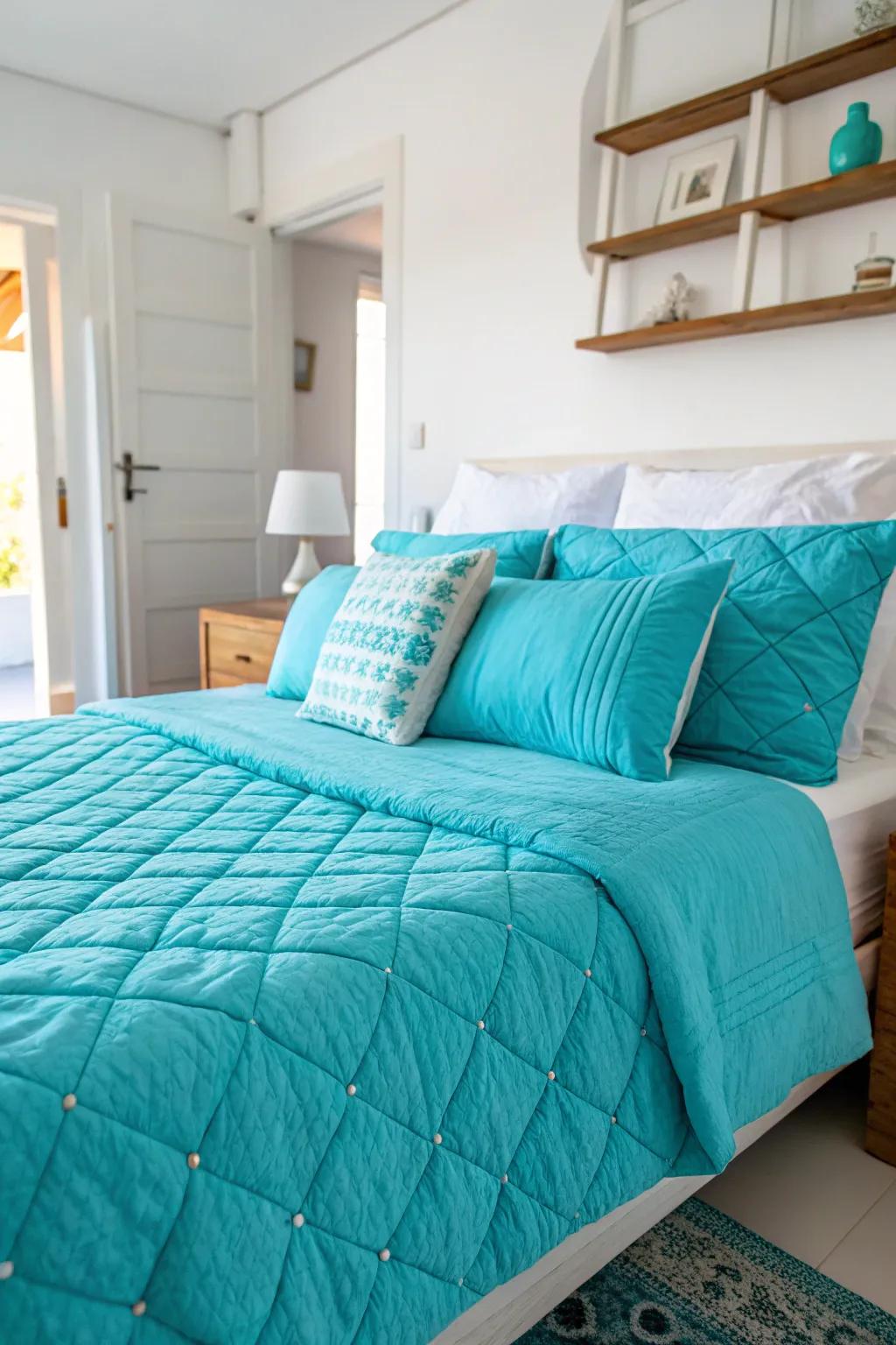 Aqua textiles deepen texture and dimension in the bedroom.