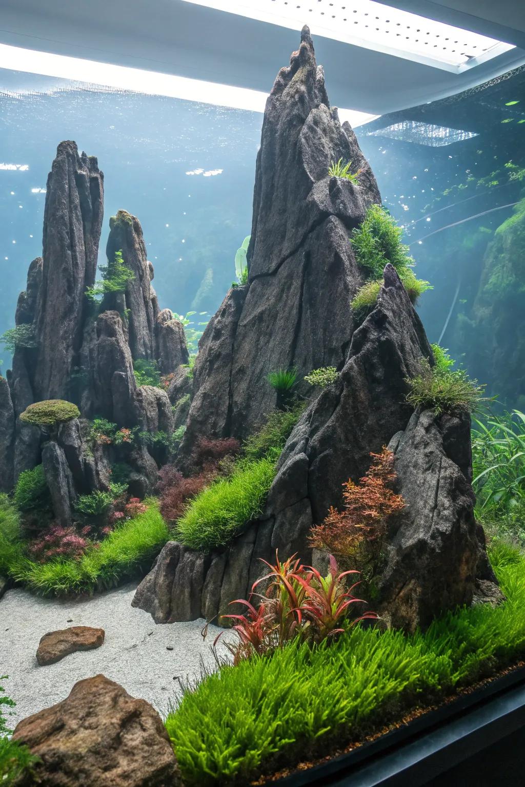 Rugged mountain summits impart a sense of theater and audacity to this aquascape.