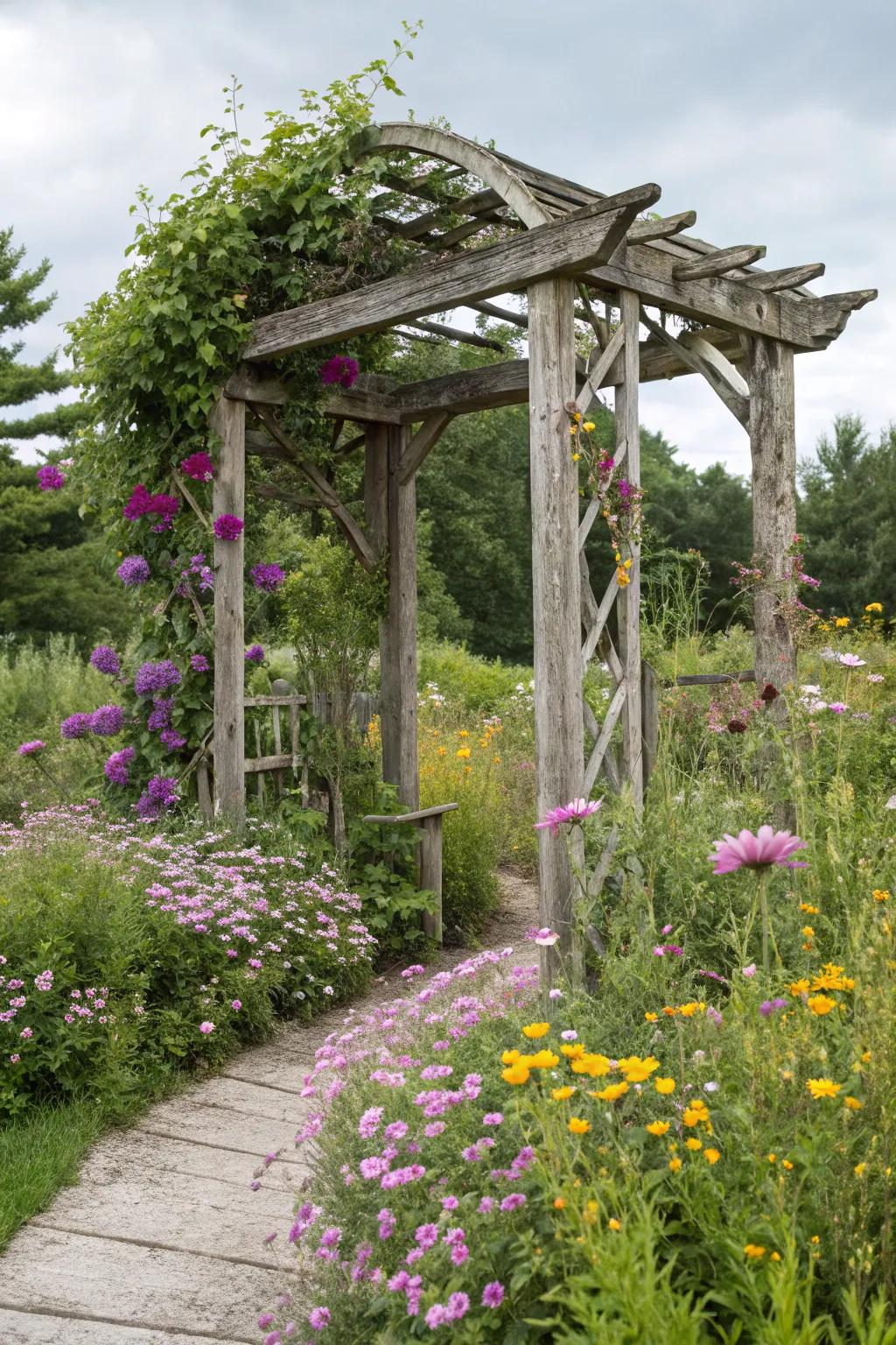 A rustic timber arbor amidst a landscape of wildflowers.