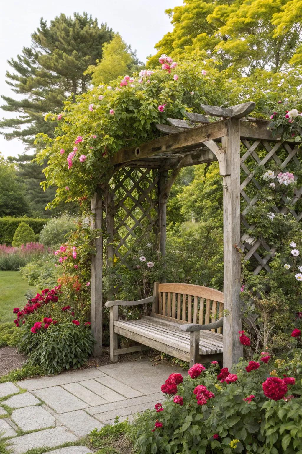 A trellis arbor with seating offers a peaceful garden retreat.