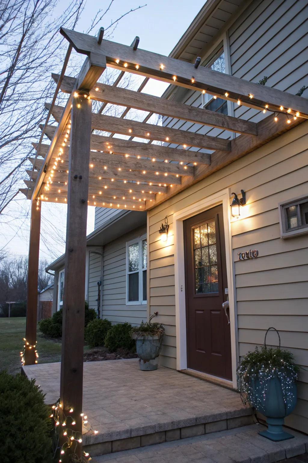A pergola-style arbor featuring beams and string lights for an elegant entrance.