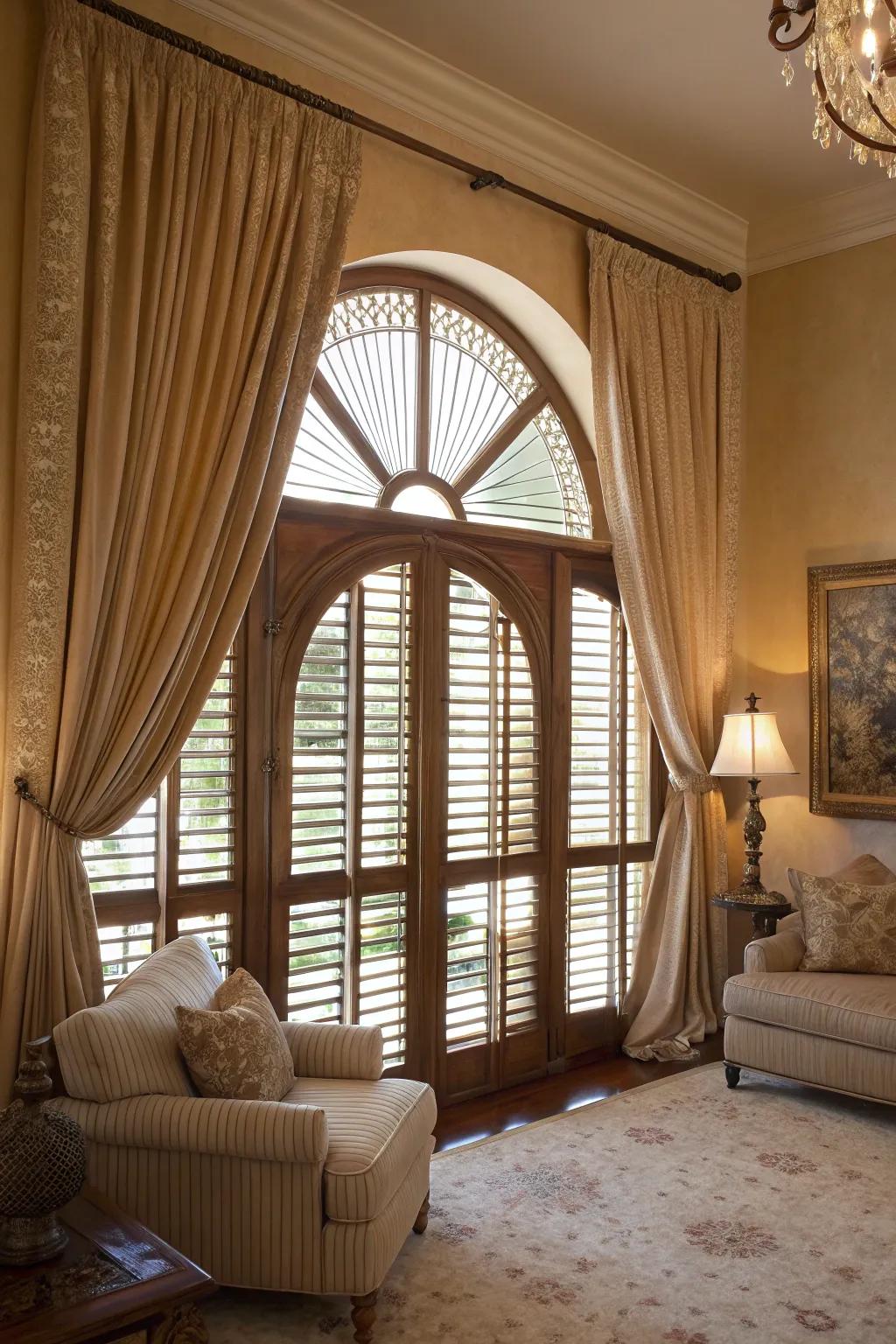 Inviting living room featuring layered window designs on arched windows.