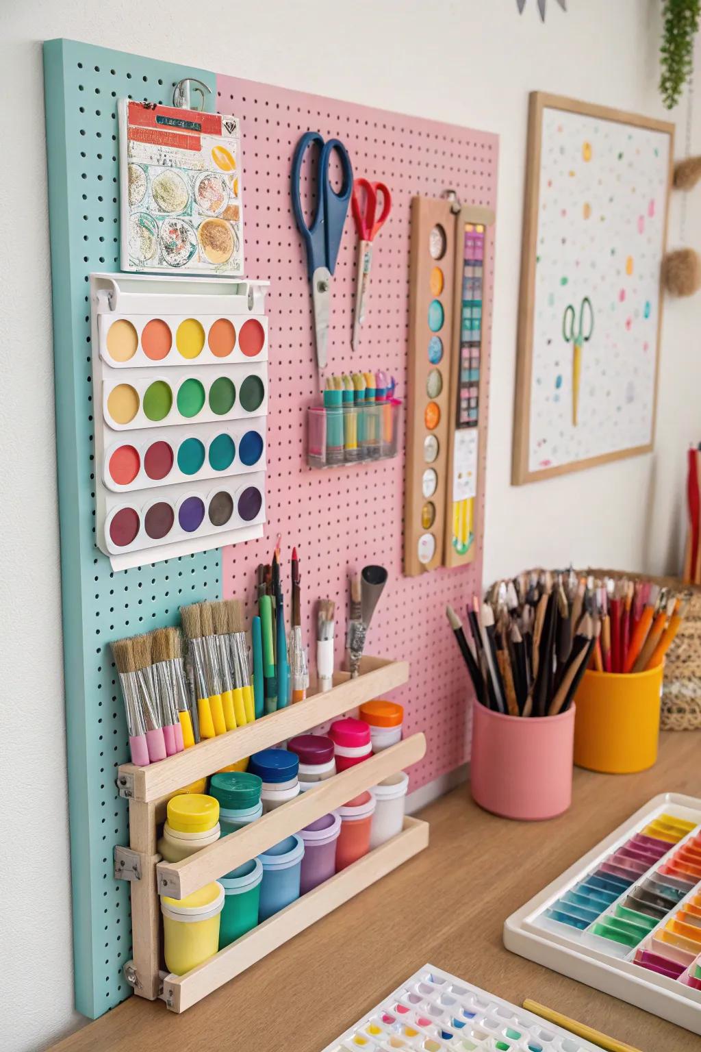 A bulletin board showcasing various art supplies.