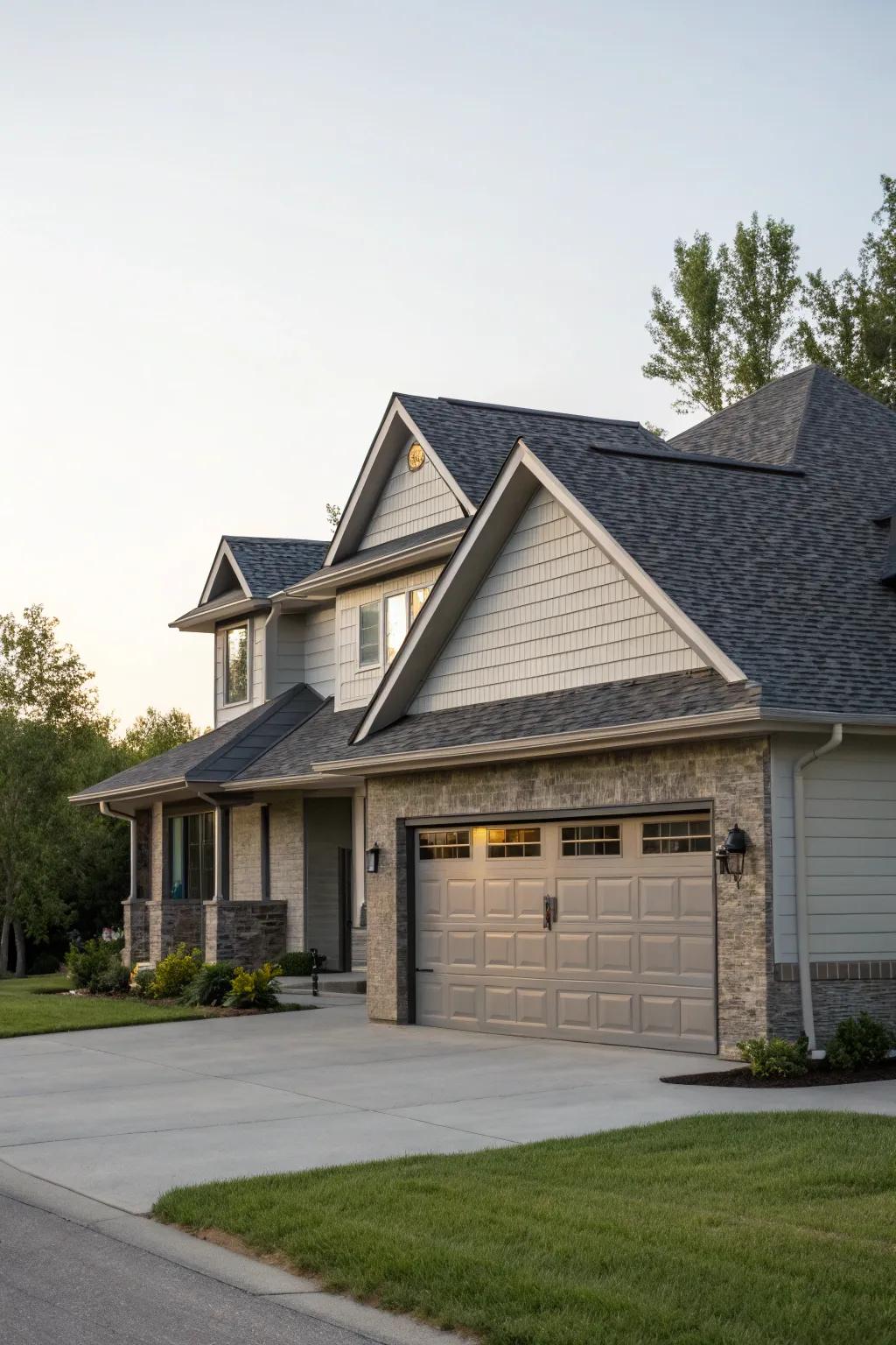 A garage featuring a roofing design that echoes the main building.