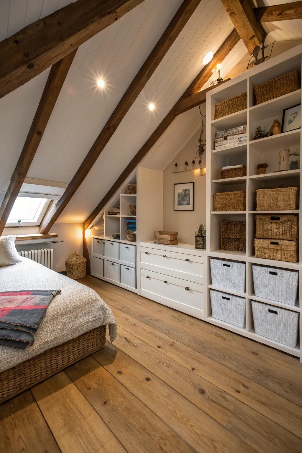 Built-in storage maximizes functionality in your attic bedroom.